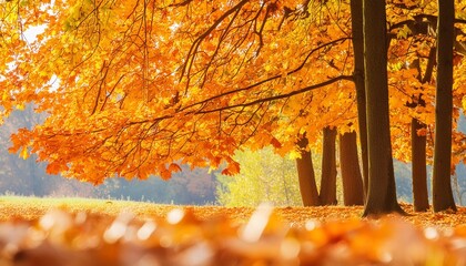 orange fall leaves autumn natural background with maple trees autumnal landscape