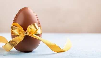 easter chocolate egg wrapped in golden ribbon with a small gold accent on a blue light background featuring copy space