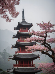 Mystical Temple in the Clouds, Chinese Pagoda Embraced by Sakura Trees on Misty Peak