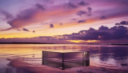 transparent glass podium on crystal water surface in purple and yellow sunset with clouds sky background show case for cosmetic products new product promotion sale and presentation generative ai
