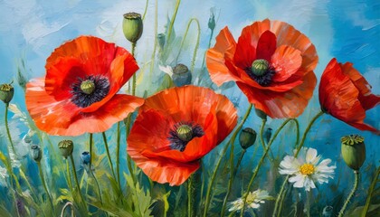 a painting featuring vibrant red poppy flowers set against a striking blue background capturing the essence of a meadow in bloom under soft impressionist light