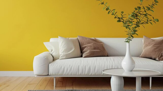 Interior of living room. Flowers in a vase with white sofa and table, yellow wall. Modern minimalist living room.