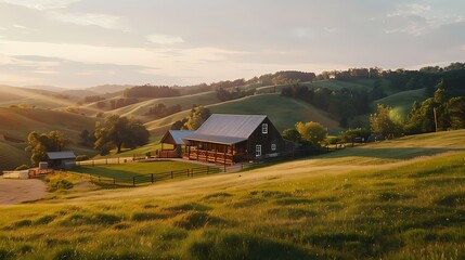 A cozy countryside wedding venue surrounded by rolling hills and scenic views, showcased against a simple, uncluttered background