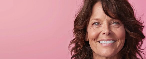 Portrait of Happy Smiling attractive mature woman on colored background with copy space, banner template.