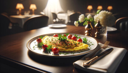  A refined and romantic image of a gourmet omelet, served in a restaurant setting 