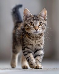 A cute tabby kitten is walking towards the camera with its tail held high. The kitten is looking at the camera with its big, round eyes.