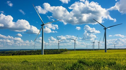 field of wind turbines against a backdrop of blue sky and clouds, symbolizing the use of renewable energy sources in sustainable practices.