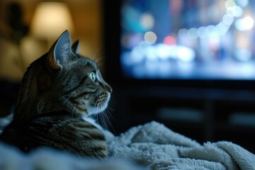 Tabby cat lounges on a blanket, intently observing the blur of colors from a tv screen, in a dark room
