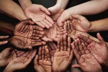 Hands, cupped and together as group, unity and prayer for faith, collaboration and community. Above diversity, offering and palms for support or union, begging and charity or blessing closeup