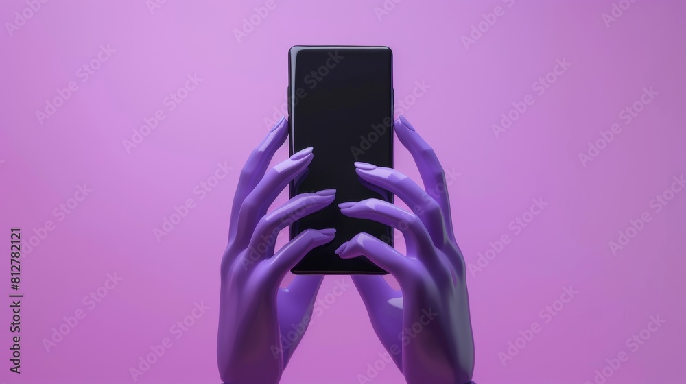 Poster the hands of a mannequin holding a smart phone gadget are rendered in 3d and isolated on a pink viol