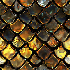Dragon scale in glossy and shiny gold and black colors. Seamless tile pattern background of snake or monster.