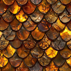 Dragon scale in glossy and shiny gold and red colors. Seamless tile pattern background of snake or monster.