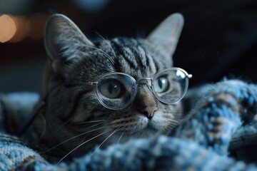 Bespectacled tabby cat looks pensive while resting on a cozy knitted blanket