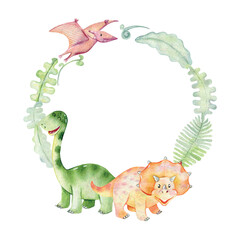 Vector watercolor card with cute dinosaurs. Hand drawn illustration