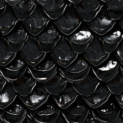 Dragon scale in glossy and shiny black color. Seamless tile pattern background of snake or monster.