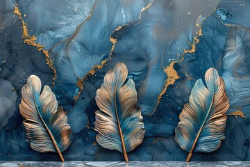 3 panel wall art, marble background with golden and silver feather designs, Teal Flower Plants