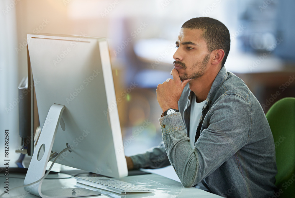 Aufkleber Man, computer and thinking for graphic design in office for software programming, thoughts or project planning. Male person, desktop and it decision with media research for networking, skill or ideas