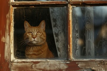 Curious ginger cat gazes out from an old, wooden framed window with reflections