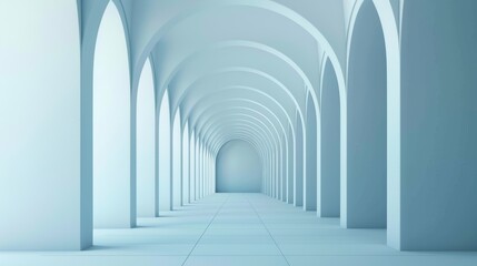 This is a realistic 3D rendering of an arch hallway on a simple geometric background, with an architectural corridor, portal, and arch columns inside empty walls.