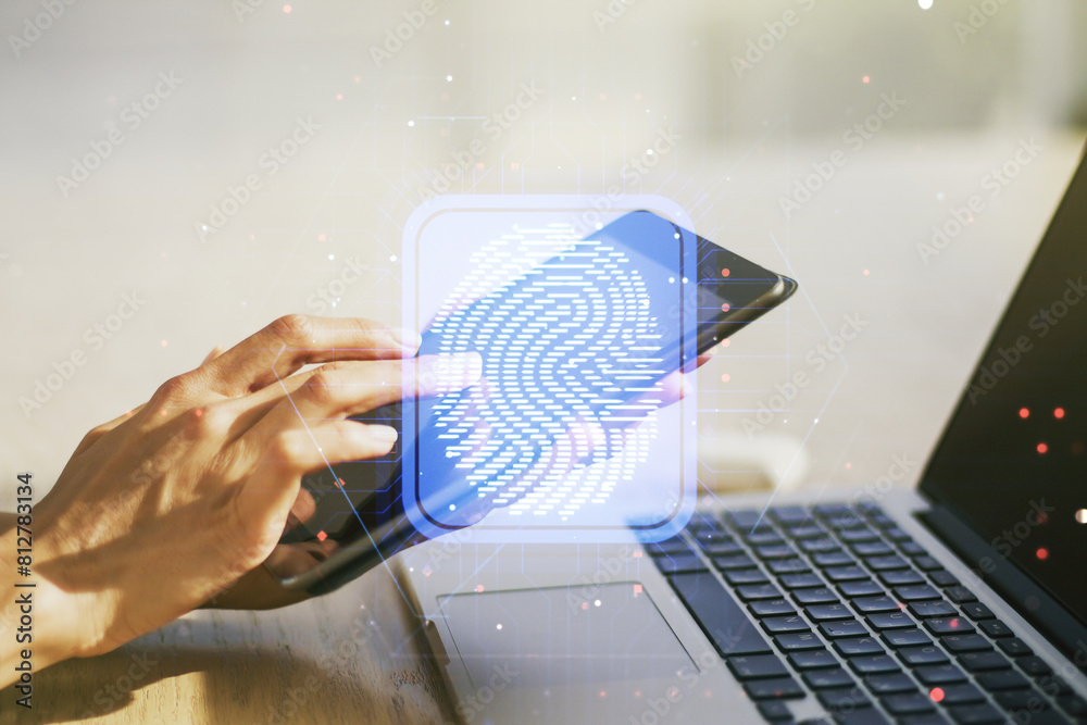 Fototapete Multi exposure of abstract graphic fingerprint sketch and hand working with a digital tablet on background, fingerprint scan data concept