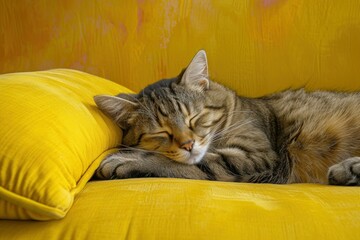 Serene tabby cat sleeps soundly on a vibrant yellow couch, with a matching yellow cushion