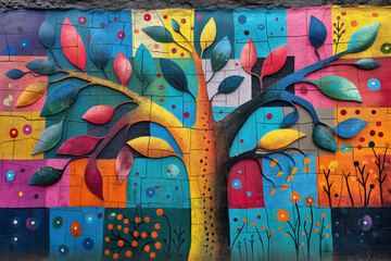 Childlike naive folk art drop painting of a colourful “Save The World”.

