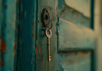 Key plugged in door of secondhand house for rent/sale, keychain swaying in wind. Mortgage for new...
