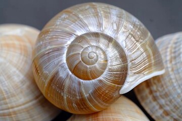 a spiral-shaped seashell or snail shell, The fine details and patterns on the surface of the shell are visible, showing its intricate