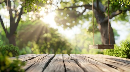 A 3D render of an old wooden terrace with a wicker swing hanging on a tree with a blurry nature background.