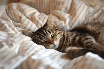 Serene tabby cat dozes off comfortably amid the soft folds of a striped bedspread