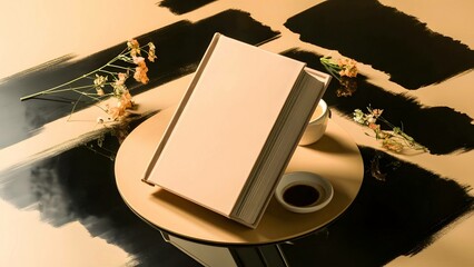 A book and coffee cup on a table with black and gold paint