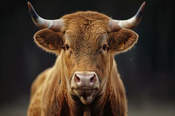 Portrait of a brown cow on a background of dark forest