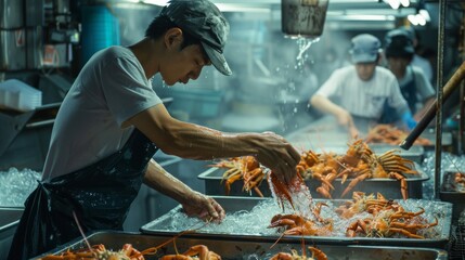 Fototapeta premium the process of preparing crabs for sale