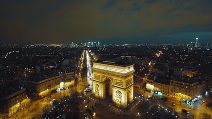 Fictional drone view of Arc de Triomphe in Paris for the upcoming olympic games 2024