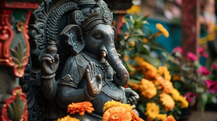 Fototapeta premium A beautifully carved statue of Lord Ganesha in a serene pose, adorned with vibrant flowers
