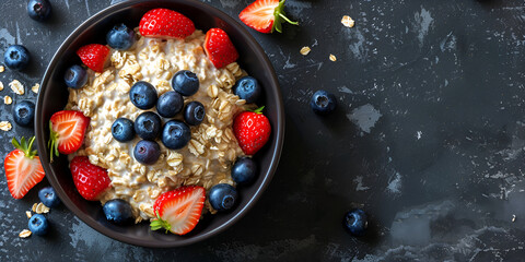 healthy homemade oatmeal porridge in a dark bowl with slices of ripe banana and blueberries. almonds to improve the vkua. top view. marble table