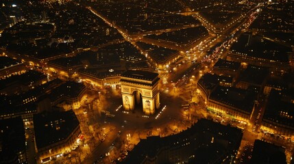 Obraz premium Fictional drone view of Arc de Triomphe in Paris for the upcoming olympic games 2024