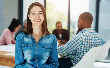 Fototapeta premium Meeting, portrait and woman with business people in office for teamwork, collaboration and planning. Coaching, training and happy intern at startup company for learning, opportunity or career growth