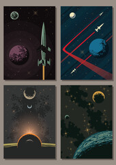 Cosmic Background Set. Open Space, Planets, Moons, Stars, Nebulas. Retro Future Space Rockets. Vector Templates for Cosmic Posters, Covers, Illustrations 