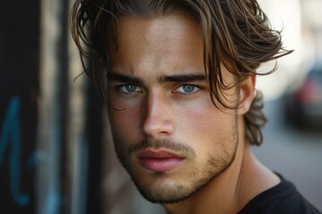 Fototapeta premium Closeup of a handsome young man with striking blue eyes and tousled hair