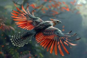  rendering of a scarlet cuckoo in the jungle