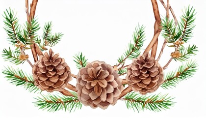 watercolor twig frame wreath with pine cones