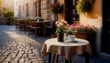 Coffee Shop Exterior Cafe Cute Wooden Table, Beautiful Flower Vase, Nestled within a Charming Vintage Building