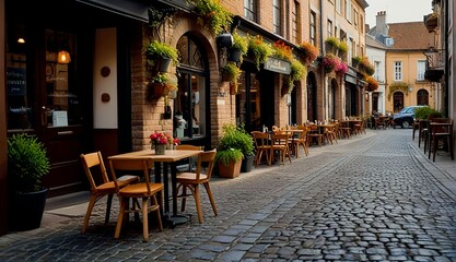 Obraz premium Coffee Shop Exterior Cafe Cute Wooden Table, Beautiful Flower Vase, Nestled within a Charming Vintage Building