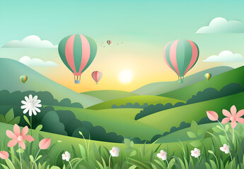 A colorful hot air balloon is flying over a green field with a beautiful sunset in the background. The scene is peaceful and serene. Generative AI