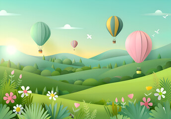 A colorful hot air balloon is flying over a green field with a beautiful sunset in the background. The scene is peaceful and serene. Generative AI