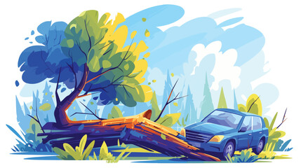 Blue car under fallen tree flat style vector illust