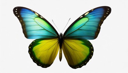 very beautiful blue yellow green butterfly in flight isolated on a transparent background