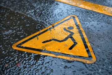 Closeup of a wet caution sign indicating a slippery surface on an asphalt road with raindrops