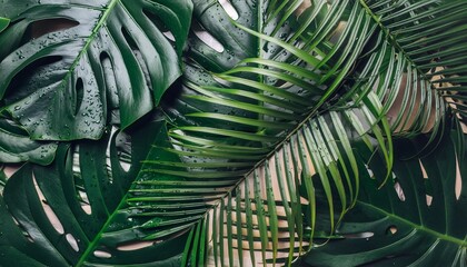 tropical wet bright green leaves background with water droplets fern palm and monstera deliciosa leaf generative ai - Powered by Adobe